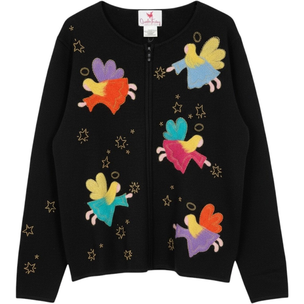 Quacker Factory Black Wool Zip Cardigan Angel Star Embroidered Lg Whimsical NWT